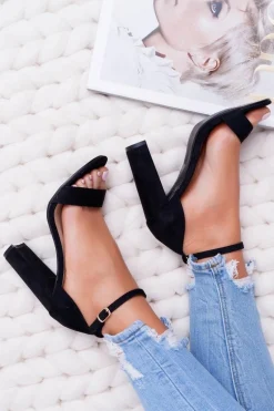 Sandały Damskie Na Słupku Zamszowe Czarne Anastasie