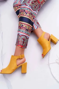 Sandały Damskie Na Słupku Z Cholewką Peep Toe Żółte Esta