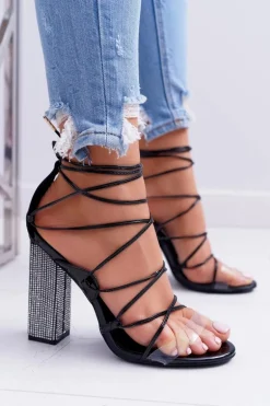 Sandały Damskie Na Słupku Z Cyrkoniami Wiązane Czarne Everything