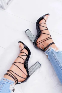 Sandały Damskie Na Słupku Z Cyrkoniami Wiązane Czarne Everything