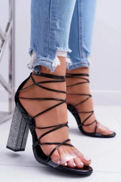 Sandały Damskie Na Słupku Z Cyrkoniami Wiązane Czarne Everything