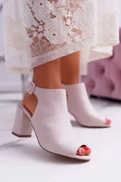 Sandały Damskie Na Słupku Z Cholewką Peep Toe Beżowe Esta