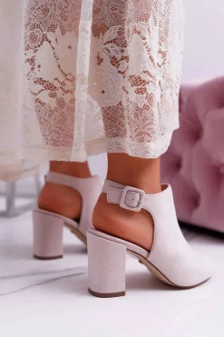 Sandały Damskie Na Słupku Z Cholewką Peep Toe Beżowe Esta