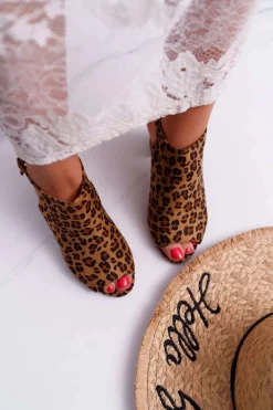 Sandały Damskie Na Słupku Z Cholewką Peep Toe Leopard Esta