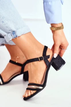 Sandały Damskie Na Słupku Z Brokatem Czarne Wixi