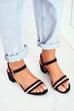 Sandały Damskie Na Słupku Z Brokatem Czarne Wixi