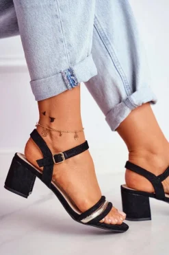 Sandały Damskie Na Słupku Z Brokatem Czarne Wixi