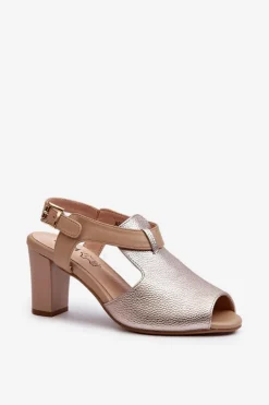 Sandały Damskie Na Słupku Z Eko Skóry Złote Queenmarie