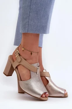 Sandały Damskie Na Słupku Z Eko Skóry Złote Queenmarie