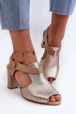 Sandały Damskie Na Słupku Z Eko Skóry Złote Queenmarie