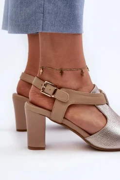 Sandały Damskie Na Słupku Z Eko Skóry Złote Queenmarie