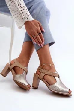 Sandały Damskie Na Słupku Z Eko Skóry Złote Queenmarie