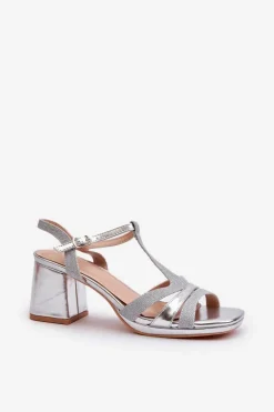 Sandały Damskie Na Słupku Z Eko Skóry Srebrne Lyana
