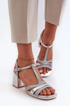 Sandały Damskie Na Słupku Z Eko Skóry Srebrne Lyana
