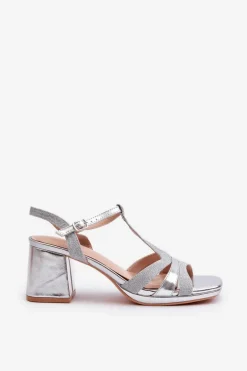 Sandały Damskie Na Słupku Z Eko Skóry Srebrne Lyana