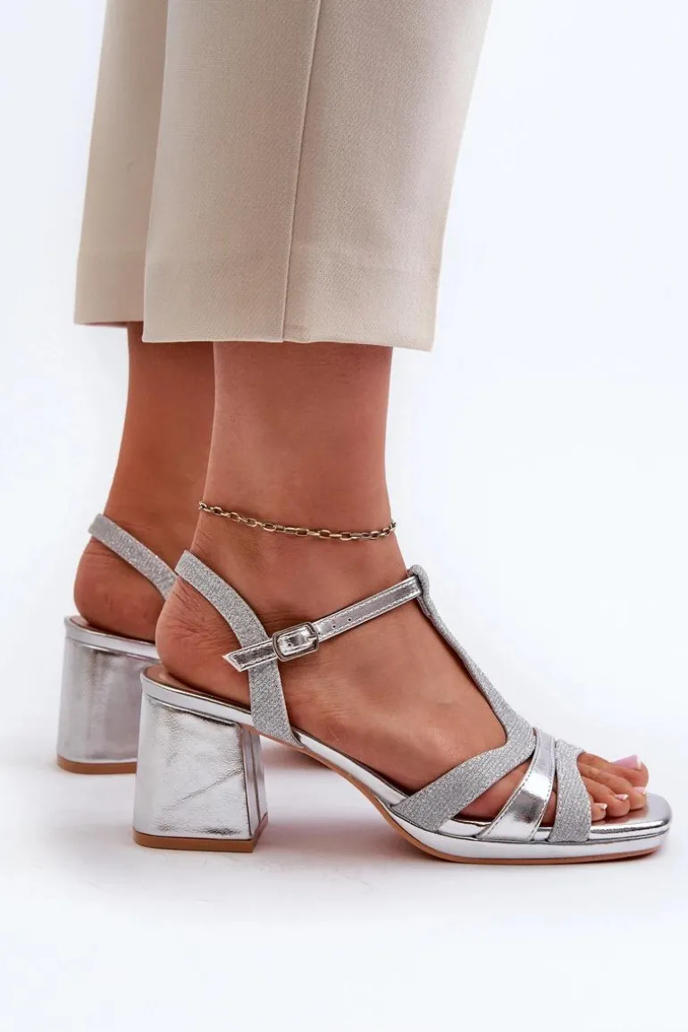 Sandały Damskie Na Słupku Z Eko Skóry Srebrne Lyana
