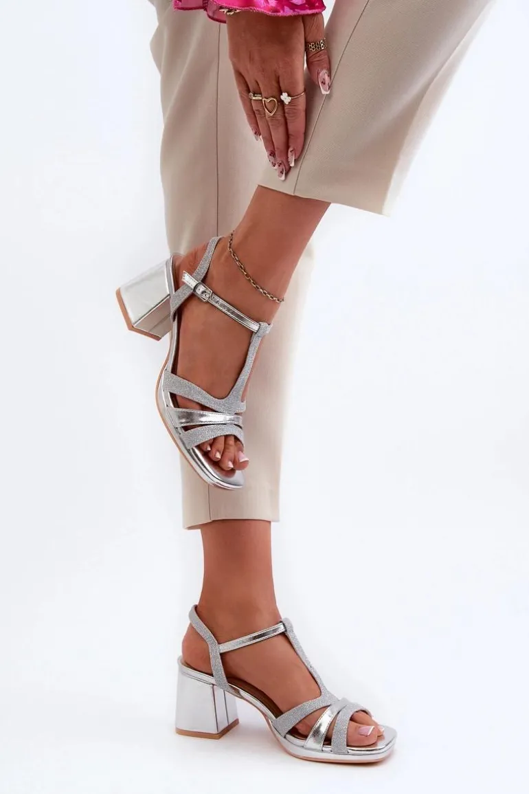 Sandały Damskie Na Słupku Z Eko Skóry Srebrne Lyana