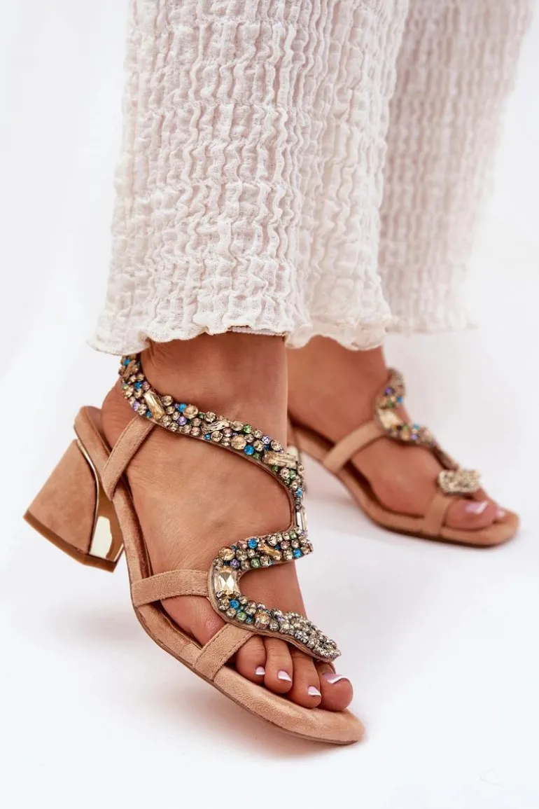 Sandały Damskie Na Słupku Z Kryształkami Artiker 56C1377 Beżowe