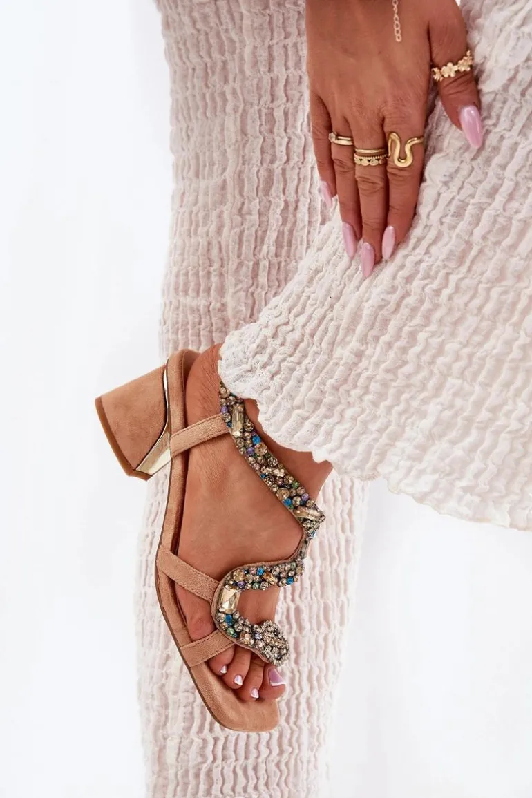 Sandały Damskie Na Słupku Z Kryształkami Artiker 56C1377 Beżowe