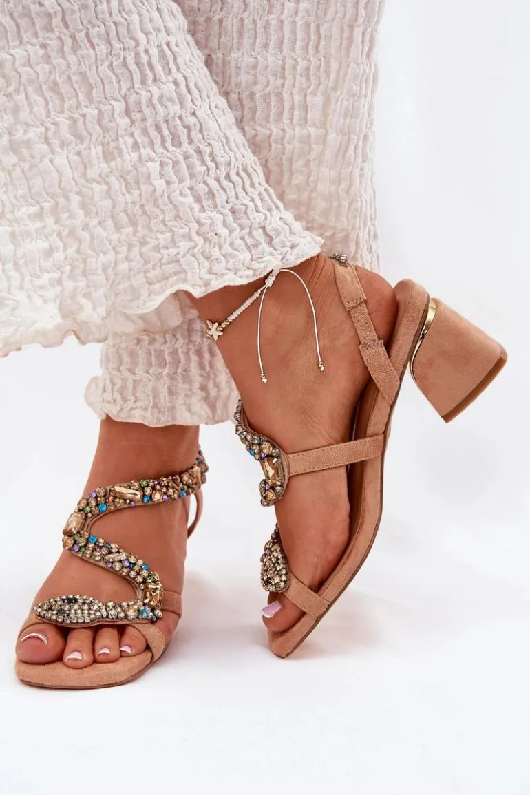 Sandały Damskie Na Słupku Z Kryształkami Artiker 56C1377 Beżowe