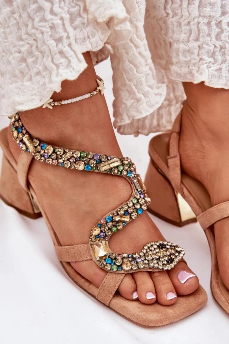 Sandały Damskie Na Słupku Z Kryształkami Artiker 56C1377 Beżowe