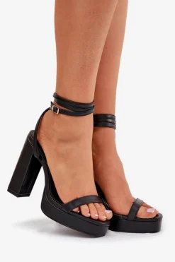 Sandały Damskie Na Słupku Z Paseczkiem Czarne Fevenne