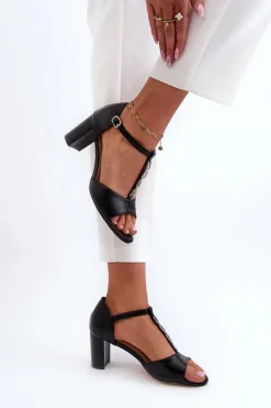 Sandały Damskie Na Słupku Z Ozdobnym Paskiem Eko Skóra Czarne Triavera