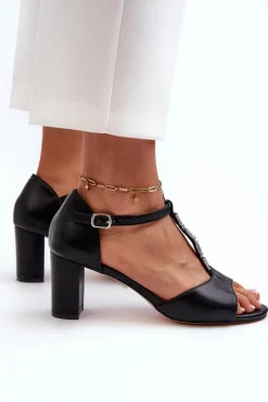 Sandały Damskie Na Słupku Z Ozdobnym Paskiem Eko Skóra Czarne Triavera