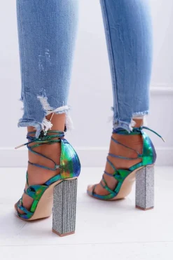 Sandały Damskie Na Słupku Z Cyrkoniami Benzynowe Wiązane Everything