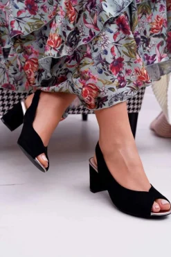 Sandały Damskie Na Słupku Zamszowe Czarne Pollem