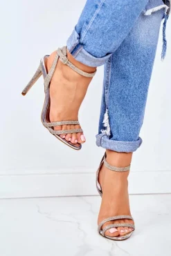 Sandały Damskie Na Szpilce Brokatowe Złote Demmis