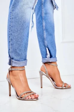 Sandały Damskie Na Szpilce Brokatowe Złote Demmis