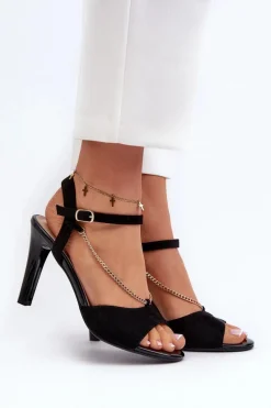 Sandały Damskie Na Szpilce Eko Zamszowe Z Łańcuszkiem Sergio Leone SK925 Czarne