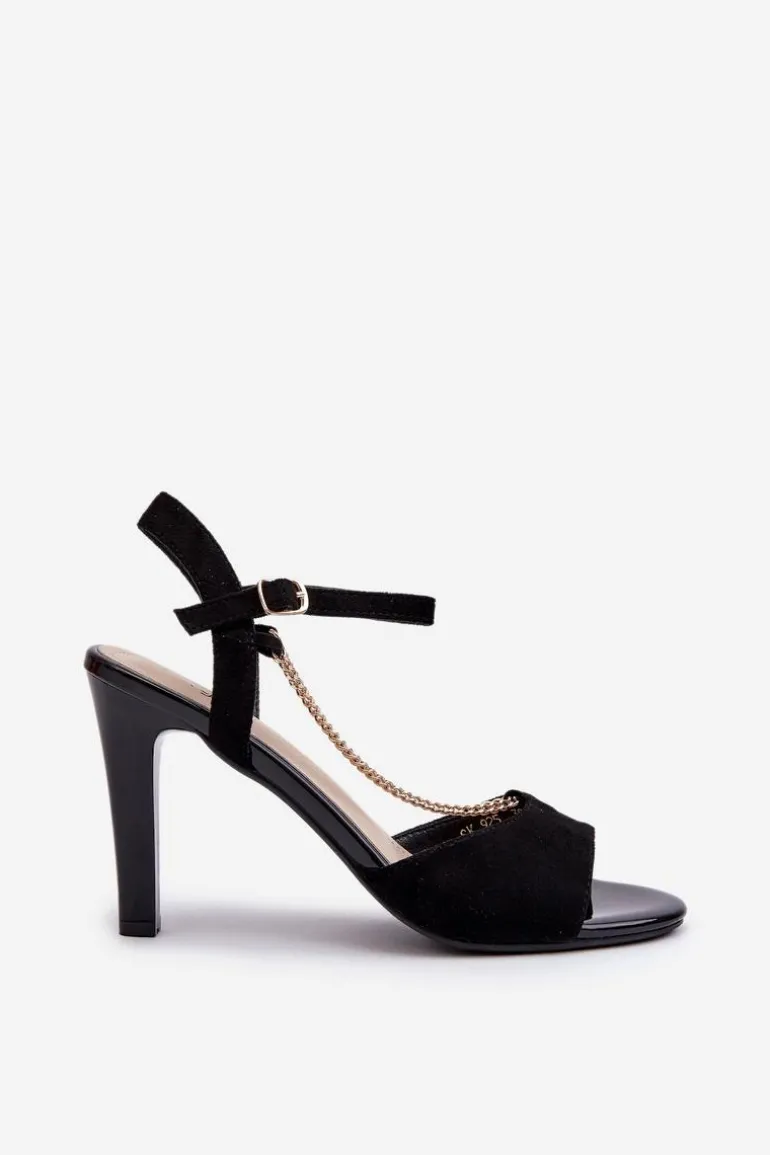 Sandały Damskie Na Szpilce Eko Zamszowe Z Łańcuszkiem Sergio Leone SK925 Czarne