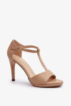 Sandały Damskie Na Szpilce Z Eko Skóry Beżowe Obdaria