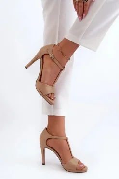 Sandały Damskie Na Szpilce Z Eko Skóry Beżowe Obdaria