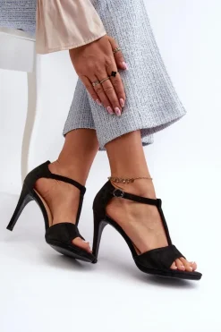 Sandały Damskie Na Szpilce Z Eko Zamszu Czarne Obdaria