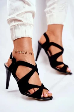 Sandały Damskie Na Szpilce Sergio Leone Eko-Zamsz Czarne SK427