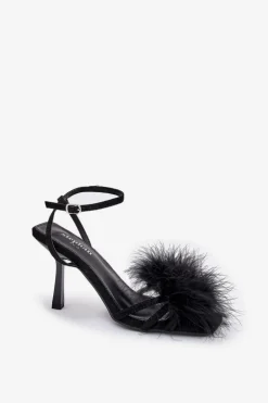 Sandały Damskie Na Szpilce Z Piórami Czarne Xaliope