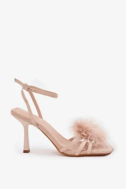 Sandały Damskie Na Szpilce Z Piórami Beżowe Xaliope