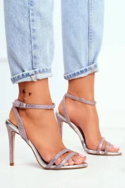 Sandały Damskie Na Szpilce Brokatowe Champagne Demmis