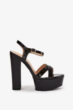Sandały Damskie Na Wysokim Słupku I Platformie Lakierowane Czarne Jovenes