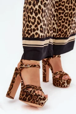 Sandały Damskie Na Wysokim Słupku I Platformie W Panterkę Brązowe Jovenes