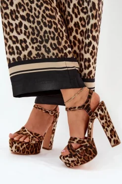 Sandały Damskie Na Wysokim Słupku I Platformie W Panterkę Brązowe Jovenes