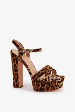 Sandały Damskie Na Wysokim Słupku I Platformie W Panterkę Brązowe Jovenes