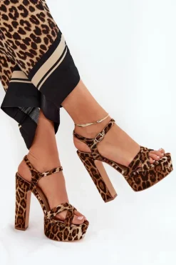 Sandały Damskie Na Wysokim Słupku I Platformie W Panterkę Brązowe Jovenes