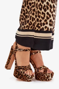 Sandały Damskie Na Wysokim Słupku I Platformie W Panterkę Brązowe Jovenes