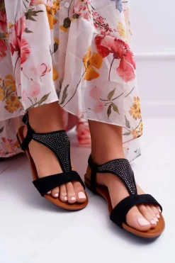 Sandały Damskie Płaskie Czarne Sorsano