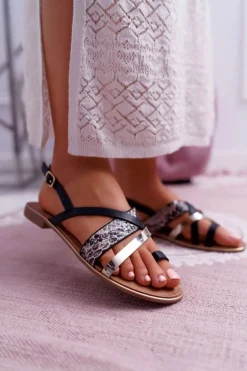 Sandały Damskie Płaskie Eleganckie Czarne Beathe