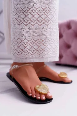 Sandały Damskie Płaskie Gumowe Serduszko Złote Imanda